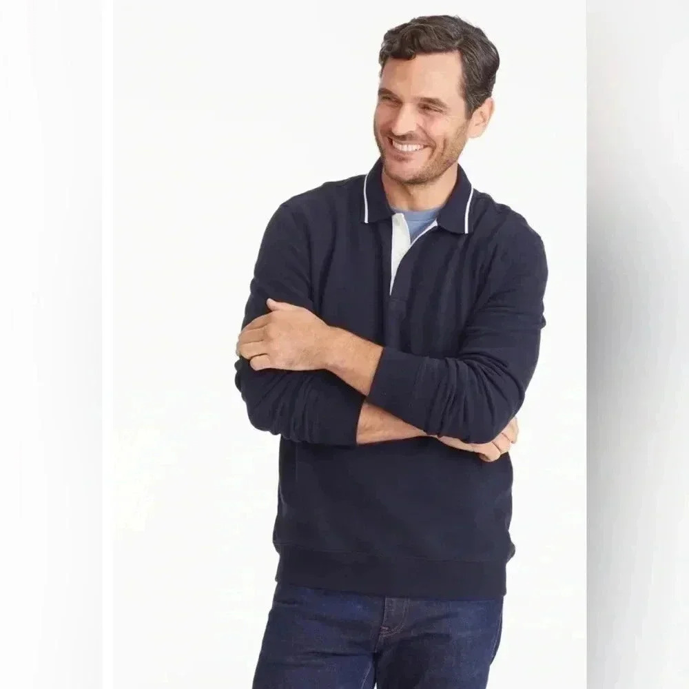 Untuckit Mens Polo Sweatshirt Sweater Colgin Navy Blue White Tipping Rugby XL